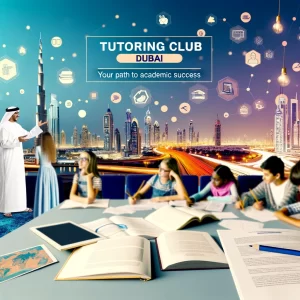 A vibrant and modern tutoring center scene in Dubai, featuring a diverse group of students engaged in learning activities with enthusiastic tutors. The setting includes books, digital tablets, and educational materials, with subtle elements of Dubai's culture and landmarks in the background, representing a dynamic, supportive, and technologically advanced learning environment for students of all ages