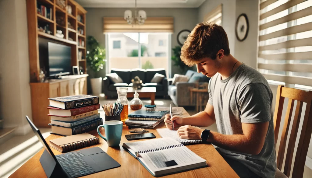 Student preparing for exams at a tidy study desk in a calm UAE home environment