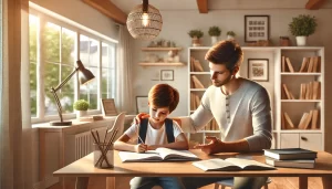 Parent helping child with homework at an organized study desk in a well-lit UAE home