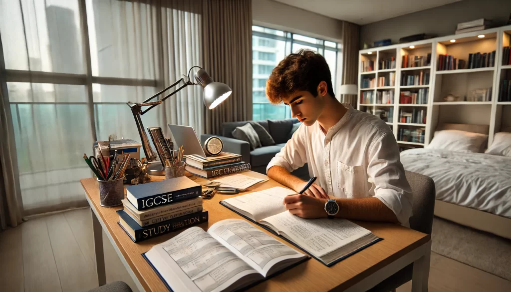 Student preparing for IGCSE exams at an organized study desk in a modern UAE home environment