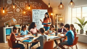 Math tutoring session for grades 1–12 in a modern tutoring center, featuring students and a tutor working collaboratively with textbooks, notebooks, and a whiteboard