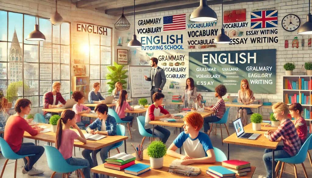 bright English tutoring classroom with diverse students and a tutor working together on grammar, vocabulary, and essay writing.