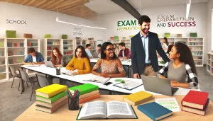 Horizontal view of a tutoring session with high school students and a tutor in a modern classroom, emphasizing collaborative exam preparation and academic success.