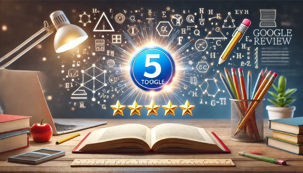 5-star Google reviews badge with a tutoring theme, featuring an open book, laptop, and educational icons like pencils and mathematical symbols in a clean and professional design