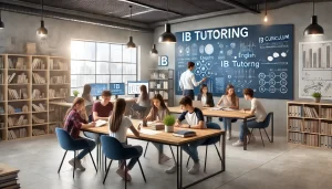 Modern IB tutoring session with diverse students and a tutor in a collaborative classroom, featuring textbooks, a whiteboard, and laptops, emphasizing academic growth and personalized learning