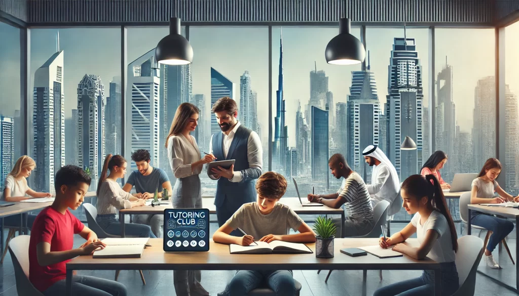 Professional tutoring session in a modern Dubai classroom with students and tutor, featuring Dubai skyline through large windows, showcasing a focused and welcoming learning environment.