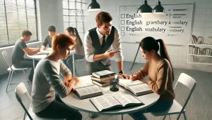 Three students working with a tutor at a U-shaped table in Tutoring Club, studying English with books, notebooks, and a whiteboard displaying grammar and vocabulary notes in the background