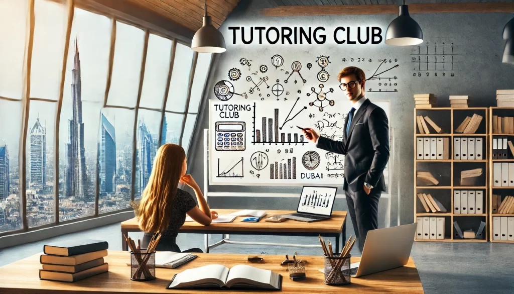 Private tutoring session at Tutoring Club with a professional tutor and student, featuring a whiteboard displaying 'Tutoring Club' and a view of Dubai's skyline in the background