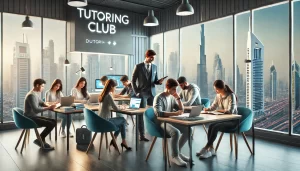 Professional tutoring session in a modern Dubai classroom with students and tutor, featuring Dubai skyline in the background.