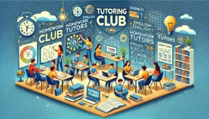 Branded illustration for Tutoring Club featuring students receiving homework tutoring in Math, English, Science, Arabic, and Business in a collaborative environment."