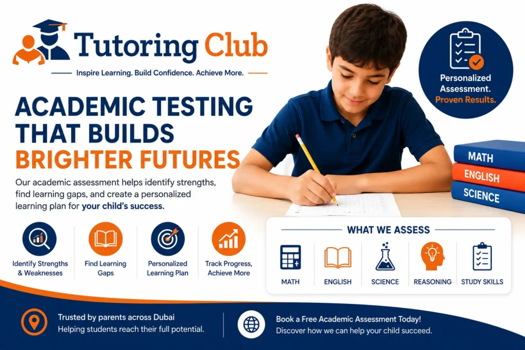 Student completing an academic assessment at Tutoring Club Dubai to identify learning gaps, evaluate academic strengths, and create a personalised learning plan.