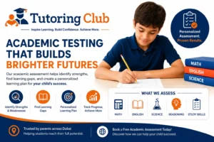 Student completing an academic assessment at Tutoring Club Dubai to identify learning gaps, evaluate academic strengths, and create a personalised learning plan.